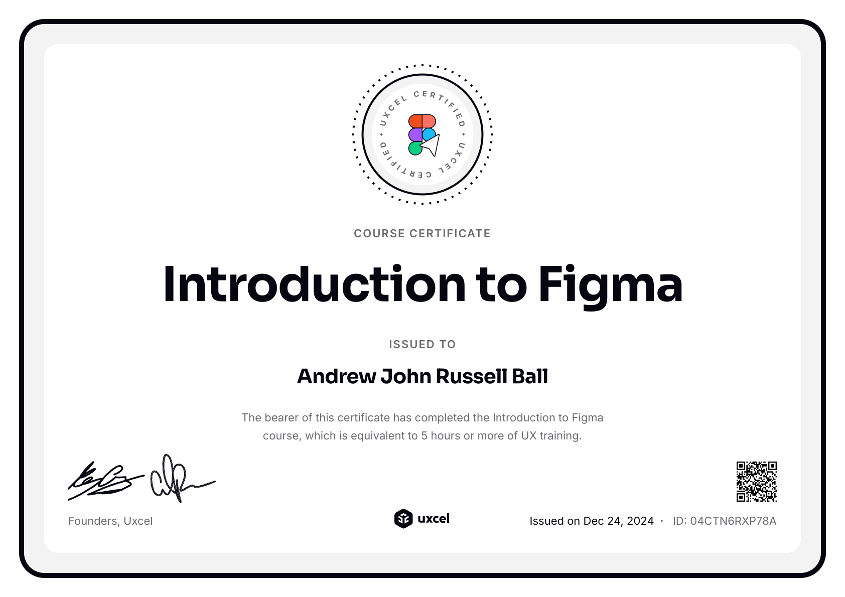 Andrew John Russell Ball's certificate